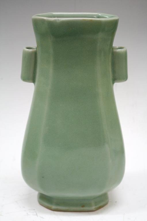 Chinese Longquan-Style Celadon Vase w/ 2 Handles: Longquan-style vase with two handles and celadon glaze, ceramic, China; unmarked. Dimensions: approximately 10"H x 5-1/2"W x 3-1/4"D