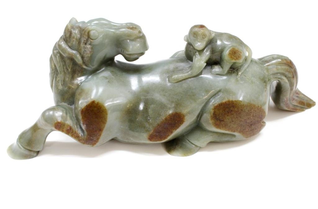 Chinese Large Jade Horse w/ Monkey Sculpture: A large carved jade sculpture of a monkey riding a horse, visual pun for promotion in official rank, China; unmarked. Dimensions: 5-1/2" H x 14" L x 4" W