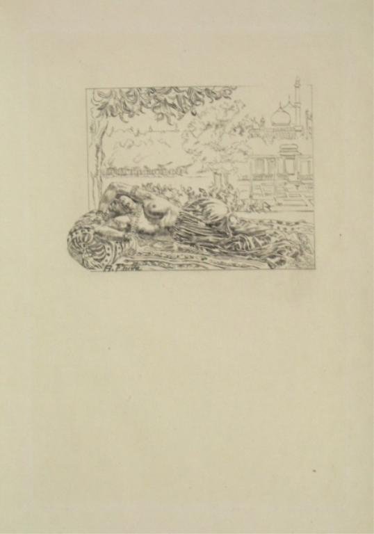 Raphael Freida Lithograph of a Reclining Nude: Lithograph for Le Conte de Lisle: Poemes Barbares, one of 78 copies on Velin Van Gelder Zonen. From a limited edition of 300 copies, Paris, France, 1914; signed by artist Raphael Freida. Dimensions: I