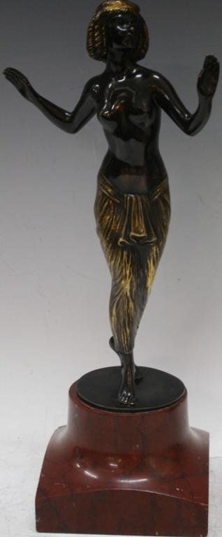 Art Deco Georges Morin Bronze Nude Sculpture: A bronze figure of a semi-nude woman in robes and Cleopatra-like wig; marked Morin, Georges Morin (German,1874-1950). Dimensions: with marble stand 13-1/2" H x 4-1/2" L x 4-1/4" W
