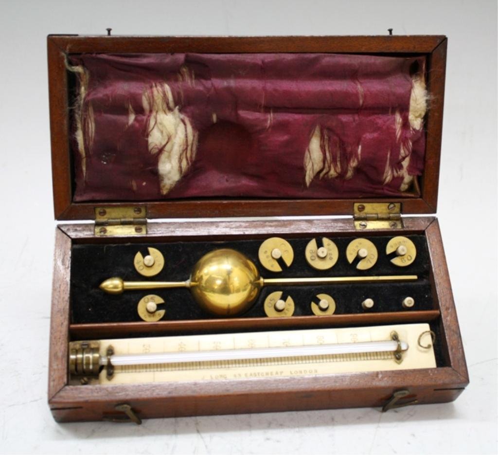 English Sike's Hydrometer Set by Joseph Long: A Sike's hydrometer set, brass tools, set of weights, and thermometer in wooden box; marked. Dimensions: thermometer 7" L ; box 2" H x 8" L x 3-3/4" W