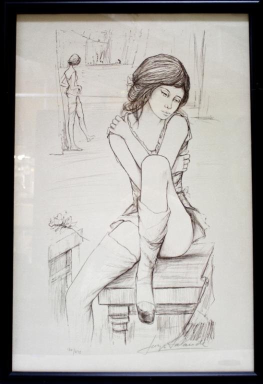 Jacques Lalande "Dancer Pause" Print: A framed print of a young dancer by Jacques Lalande; signed and numbered 130/275 in pencil. Dimensions: 29" L x 19-1/2" W; with frame 32" L x 22" W