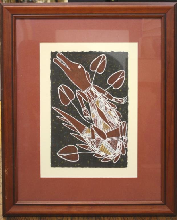 Joshua Bangarr Australian Aboriginal Crocodile Ptg: Australian Aboriginal natural ochre painting "Crocodile" by Joshua Bangarr from the Marrirn-O En Pell Clan, gallery tag on the back, matted and framed in wood with a glass cover; unsigned. Dimensions: