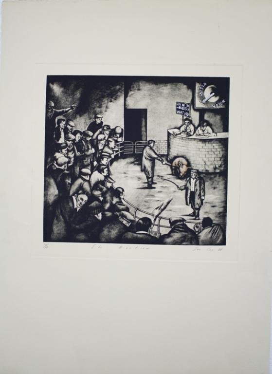 "The Auction", Sue Coe d. '88, 16/100: "The Auction", Sue Coe d. '88, 16/100 Dimensions: Image area 13"L x 14-1/2"W; overall 30"L x 22"W