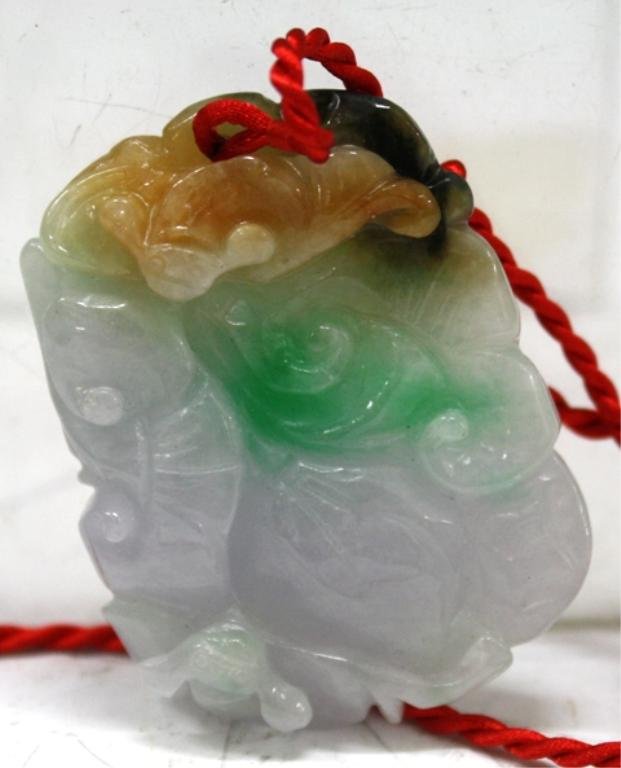 Chinese Jade Carving of Bat & Mushroom: Jade carving of bat and mushroom on a red cord, China; unmarked. Dimensions: 2"H x 1-1/2"W