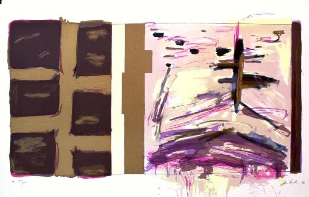 American Joan Snyder Lithograph 59/100: An expressionist lithographic poster in purple by American artist Joan Snyder (b. 1940), 59/100, 1980; signed, numbered, and dated in pencil. Dimensions: approximately 22-1/2" L x 36-1/2" W