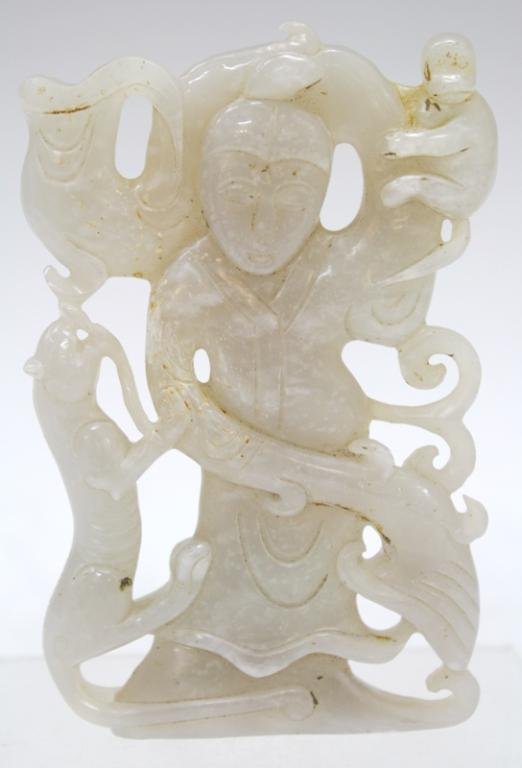 Chinese White Jade Carved Figure With Animals: A Chinese white jade carved figure accompanied by a tiger and monkey, Han Dynasty (208BC - AD220), China; unmarked. Dimensions: 4-3/4" H x 3" W