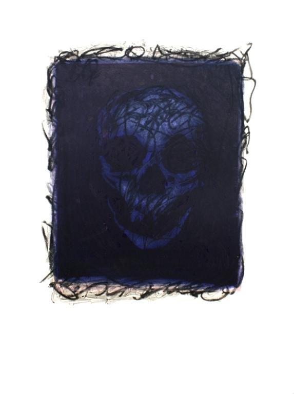 Monotype Over Lithograph Skull, Attrib.Karl Schrag: A monotype over a lithograph skull, attributed to Karl Schrag; unmarked. Dimensions: approximately 29-3/4" L x 22-1/4" W (sheet); 19" L x 15" W