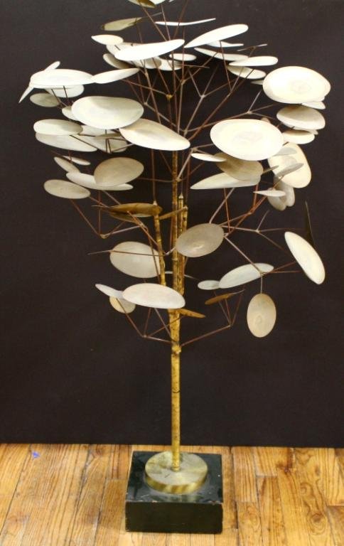 Modern Curtis Jere Metal Tree on a Base, 1968: A modern metal tree on a black base by Curtis Jere, 1968; unmarked. Dimensions: approximately 51" H x 28" W; Base: 3-1/2" H x 9-1/4" W x 8-3/4" D