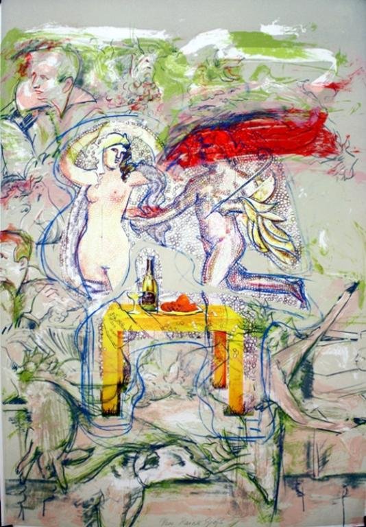 German Rainer Gross Lithograph: A lithograph by German artist Rainer Gross (1951 - ); signed and numbered 77 out of 200. Dimensions: 35" L x 24-1/2" W