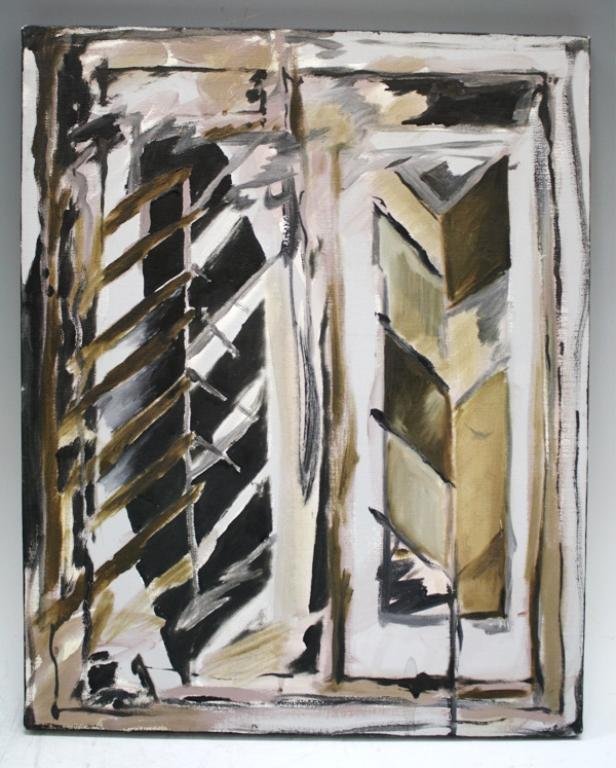 David Webster Abstract Oil on Canvas, 1988: An abstract, unframed, oil on canvas painting in neutral shades of brown, black, and gray by American, New York City artist, David Webster (b. 1947); signed and dated on back. Dimensions: 20" H x 16"