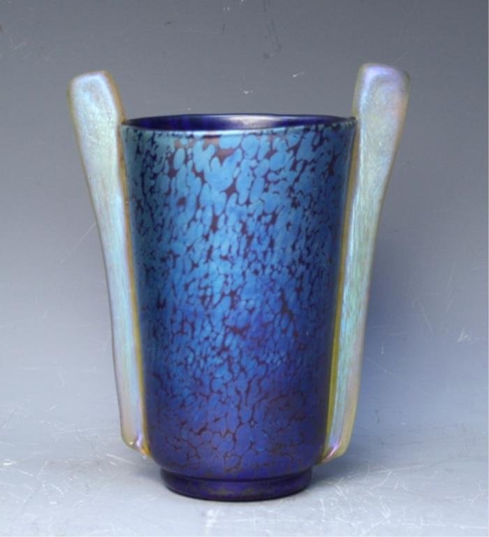 Maria Kirschner Loetz Blue & Gold Art Glass Vase: Blue art glass vase with gold glass appliques to either side, Maria Kirschner Loetz; unmarked. Dimensions: 7"H x 5-3/4"W x 4"D