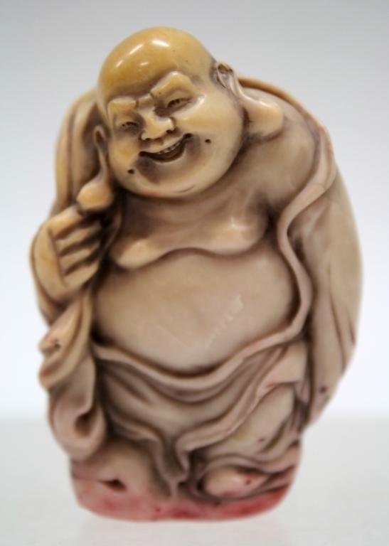 Chinese Soapstone Seal Stamp with Happy Buddha: Chinese soapstone seal stamp with carved Mile Buddha (Happy Buddha with sack) figure. Chinese, 20th century; marked. Dimensions: approx. 1-5/8" W x 1-1/4" D x 2-3/8" H.