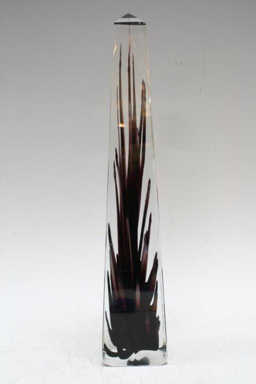 Venini Glass Obelisk: A glass obelisk with dark purple and white spiked design inside, Italy; marked. Dimensions: approximately 16" H x 3" L x 3" W