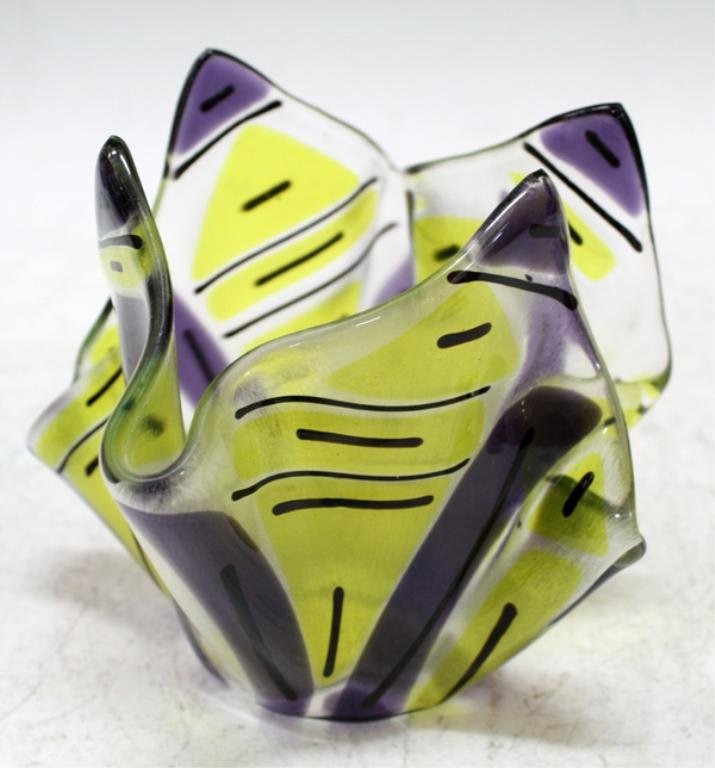 Mid Century Art Glass "Handkerchief" Vase: A mid century art glass handkerchief vase in yellow, purple, clear and black. Country unknown, mid-century; unmarked. Dimensions: approx. 6" W x 6" D x 5" H.