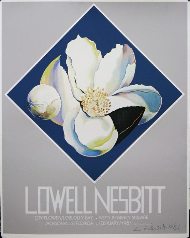 Lowell Nesbitt Silkscreen Exhibition Poster 1981: A silkscreen exhibition poster for Lowell Nesbitt; signed and dated 1981. Dimensions: approximately 29" L x 23" W