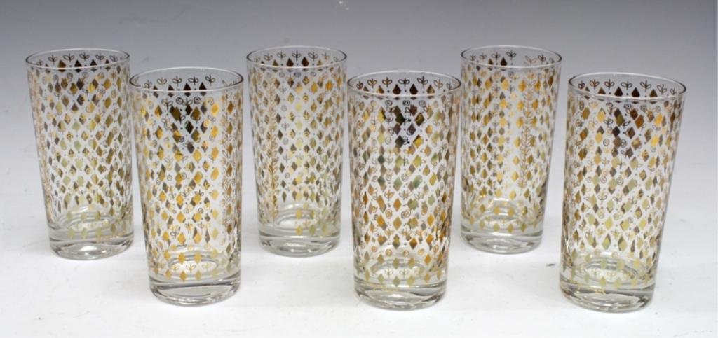 Rare 22K Gold Set of Highball Glasses by G Briard: A vintage, rare set of six mid century 22K gold highball glasses with diamond pattern, designed by Georges Briard. France, c. 1950s; marked "georges briard" on each glass. Dimensions: approx. 2-3/4" d