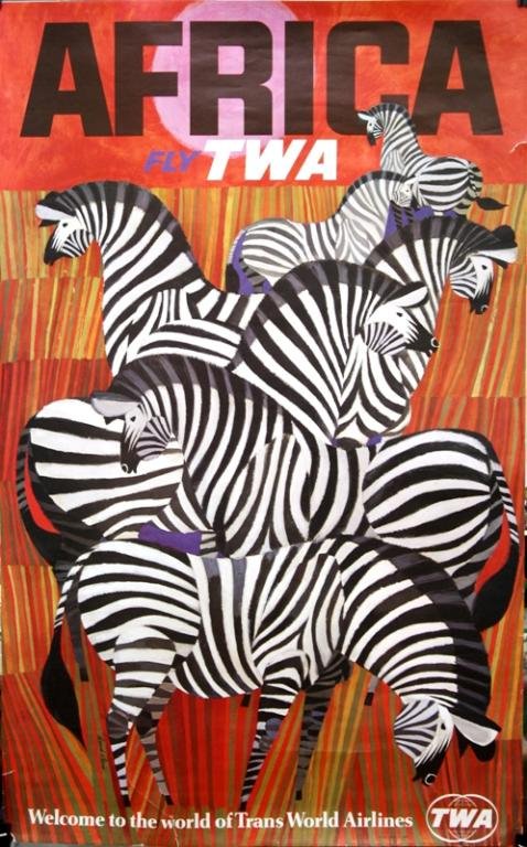 TWA Travel Poster, Africa, David Klein, 1960s: TWA travel poster, Africa, by David Klein (American 1918-2005), paper, circa 1960s; . Dimensions: approximately 39-3/4" L x 25-1/4" W
