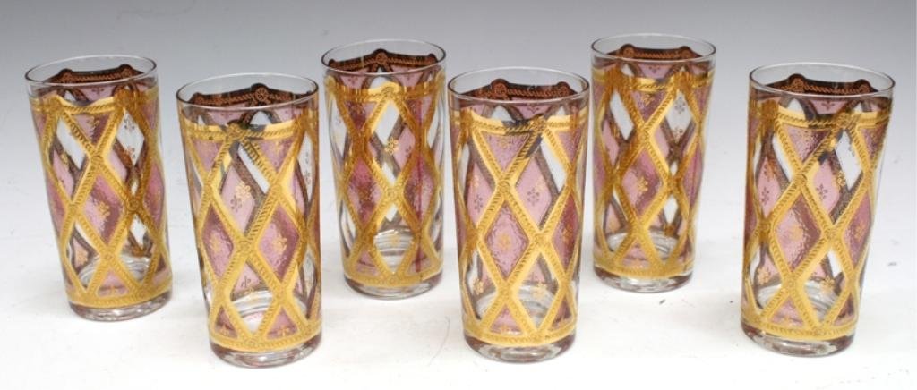 Rare Pink & Gold Culver Highball Glasses, c. 1950s: A rare, mid century set of 6 vintage HTF hi ball glasses with a pink and gold diamond pattern, by Culver. United States, c. 1950s; marked "copyright Culver Ltd." Dimensions: approx. 2-3/4" diam x 5-5/