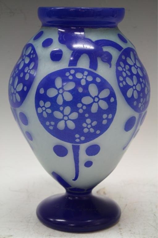 French Charder Le Verre Francais Blue Cameo Vase: A Charder Le Verre Francais vase with white mottled ground and blue cameo flower design, France; marked "Le Verre Francais" and "Ovington, France" after the Ovington Brothers stores. Dimensions: 9-1/2