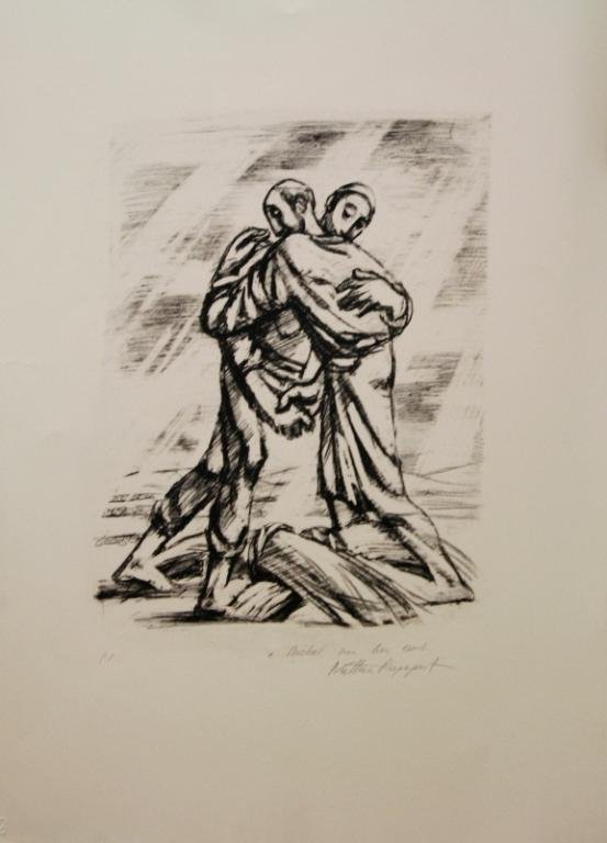 Nathan Rapoport "Embracing Men" Dedicated Proof: A print by the sculptor Nathan Rapoport (Polish-American, 1911-1987) depicting two men embracing. Numbered "P.P." and dedicated "a Michel mon bon ami, Nathan Rapaport." Dimensions: approximately 27" L