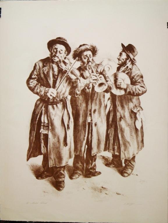 Isthak Holtz "Three Musicians" Dedicated Print: A full-length print of three elderly men playing to trumpet, violin and cymbals, by the artist Itshak Holtz (Polish/Israeli/American, b. 1925). Dedicated "To Michael Tabard" and signed in pencil. Dime