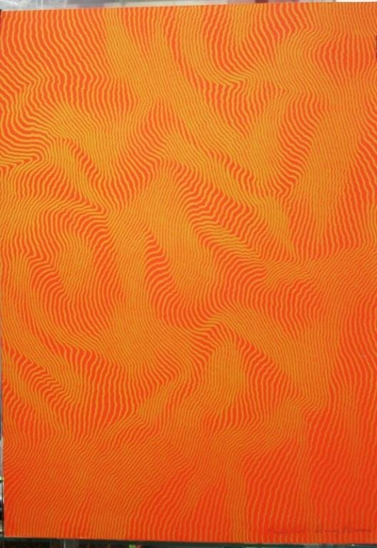 Henry Pearson Op Art Large Stripes Print: A large serigraph print by the Op Art painter Henry Pearson (American, 1914-2006), including his signature organic stripes, rendered here in vermilion and gold. Dimensions: approximately 27 1/2" L x 2