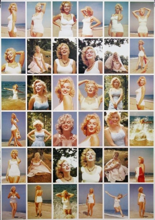 Sam Shaw, 36 Uncut Marilyn Monroe Postcards: Thirty-six uncut postcards of Marilyn Monroe, photographed by Sam Shaw (American, 1912-1999); marked. Dimensions: approximately 38" L x 26-7/8" W