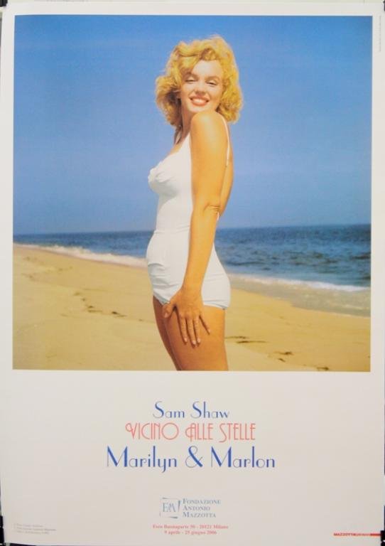 Sam Shaw Marilyn Monroe Mazzotta Poster: Marilyn Monroe photograph poster by Sam Shaw "Vicino Alle Stelle, Marilyn and Marlon", Mazzotta Poster; marked. Dimensions: approximately 27-1/2" L x 19-1/2" W