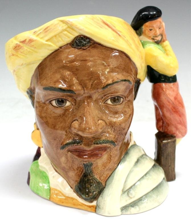 Royal Doulton "Othello" Toby Jug: A vintage English Royal Doulton character mug (or Toby jug), depicting the eponymous character from the play "Othello" by William Shakespeare, with Iago as the jug's handle, whispering in Othello's ea