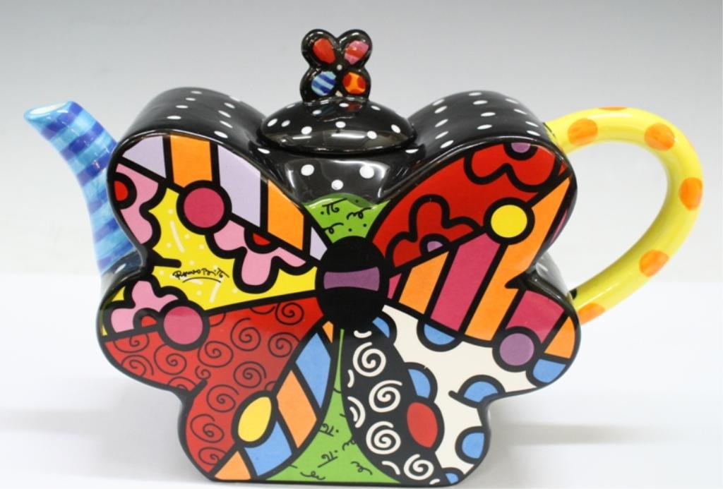 A Romero Britto Large "Butterfly" Teapot: A large teapot with a pop-inspired butterfly motif, conceived by Brazilian neo-Pop artist Romero Britto (b. 1963). The butterfly-shaped pot is colorfully painted in stripes, polka-dots and other abstr