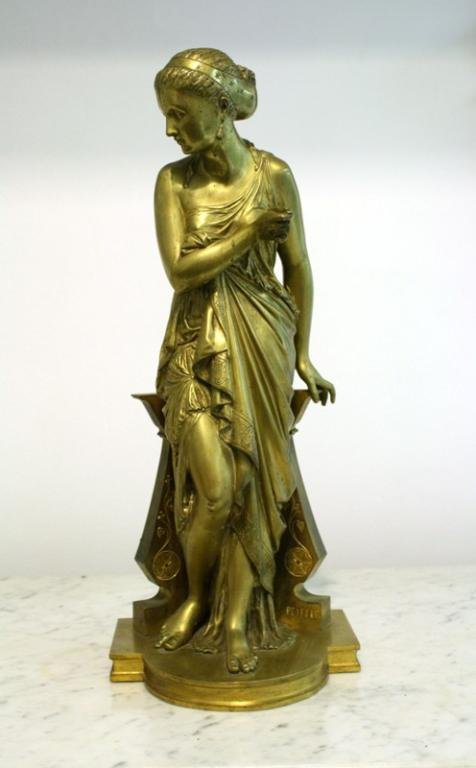 Bronze Sculpture by Auguste Joseph Peiffer: A bronze statue of a classical "Vestal Virgin" by French sculptor Auguste Joseph Peiffer (1832-1886). The woman leans against a classical plinth and holds something in her hand (in some versions of th