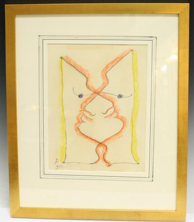 Jean Cocteau, Two Faces lithograph: A matted and framed lithograph print "Deux Profils" (two profiles or faces) by twentieth-century French artist Jean Cocteau (1889 - 1963). Printed by Mourlot, Paris on arches paper. France, signed in 