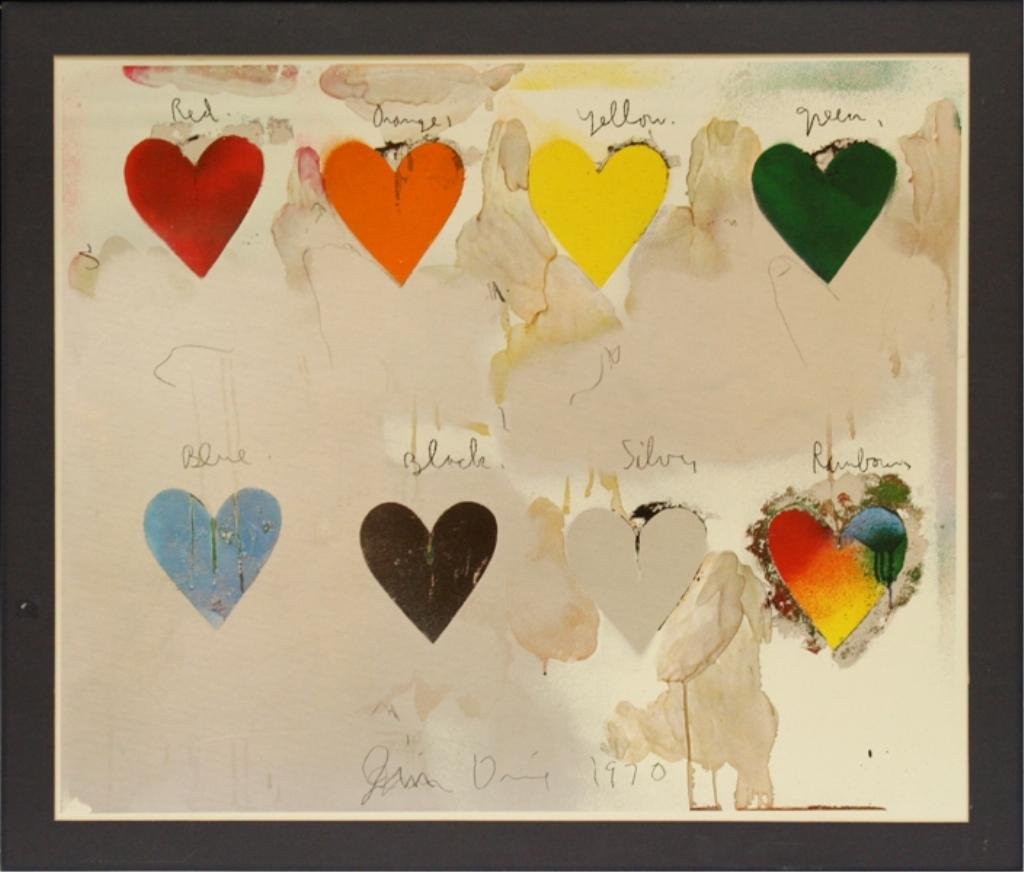 Jim Dine "Eight Hearts" 1970 Lithograph: A 1970 color lithograph by the American Pop Artist Jim Dine (1935-) depicting his signature hearts presented here in a rainbow against a dripping, splattered, metallic silver ground. The print is supp