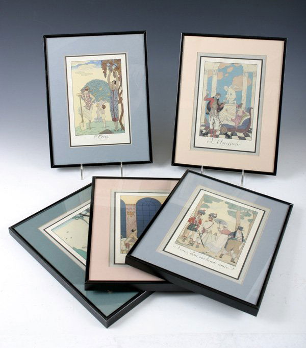 5 Prints by Georges Barbier, French: 5 Prints by Georges Barbier, French book illustrator. Attractively matted they combine the stylish with of Thachery and Aubrey Beardsley