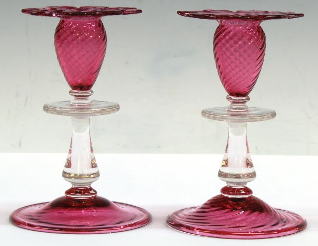 Pair of Murano Rose & Clear Candlesticks (1 of 4)