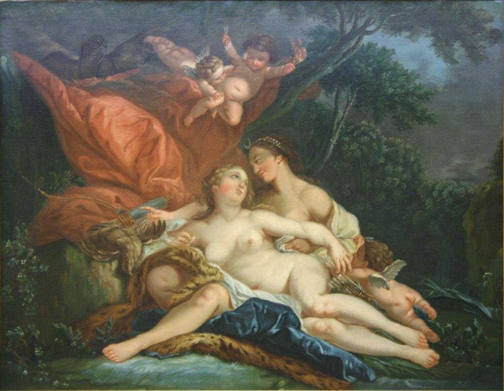 After Francois Boucher-Oil on Canvas: Being a reverse depiction of the original 1759 painting "Jupiter in the Guise of Diana and the Nymph Callisto," in an ornately carved and gessoed vintage giltwood frame. Image: 24.5" H X 31.5" W; over