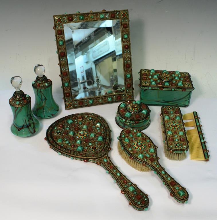 Vintage Austrian 9-Piece Jeweled Dresser Set: 1920s, comprising a standing mirror with beveled plate, one round and one rectangular dresser box, two perfume flasks, a hair brush, comb, shoe or dress brush, and large hand mirror with beveled plate