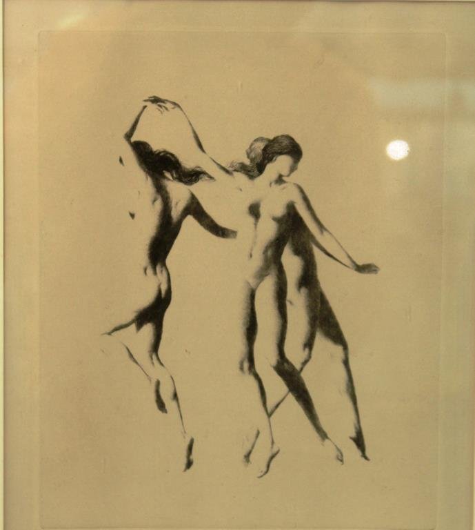 Warren B. Davis (American, 1865–1928)- Etching: "Nocturne," depicting three nude female dancers, numbered 86/150 and titled in pencil lower left, further notated "Warren Davis/ Esther Davis/ the last plate is inscribed to the collector of my father