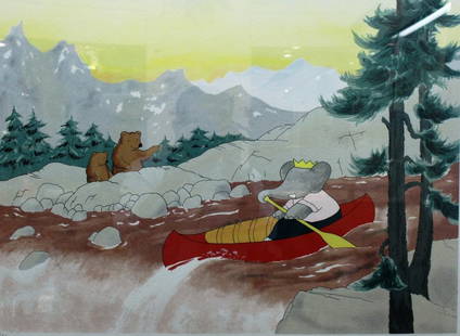 Laurent de Brunhoff (French b. 1925)- Babar: In the Wilderness", a signed, numbered silkscreen depicting King Babar, the beloved character of children's literature, in a red canoe on a rushing river with bears who wave at him among mountains