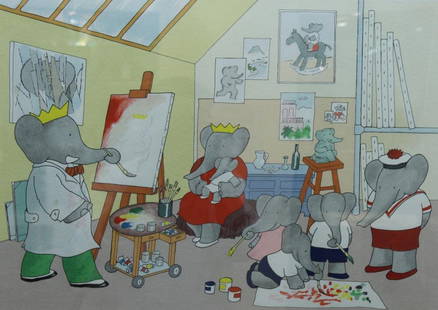 Laurent de Brunhoff (French b.1925)- Babar: "Portrait of Celeste" a signed, numbered silkscreen depicting the famous children's book character Babar, painting a portrait of his wife Celeste, while his children make their own paintings in a skyl