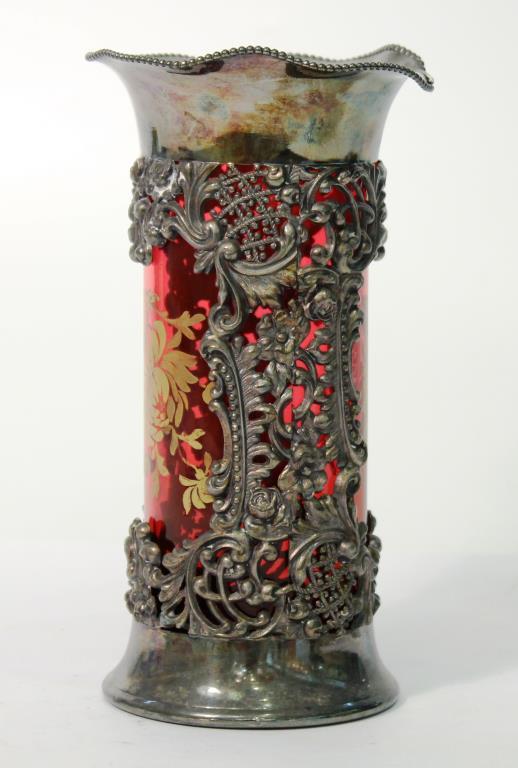 Pairpoint Silver-Plate Cranberry Glass Vase Holder (1 of 5)