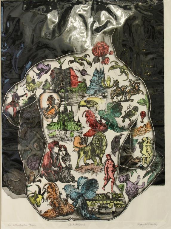 Agnes W. Crowley (American, born 1937) - Print: The Illustrated Man", intaglio print of a seated man seen from behind, with colorful Gothic and Renaissance imagery superimposed upon his back; signed lower right, titled lower left, marked artist's p