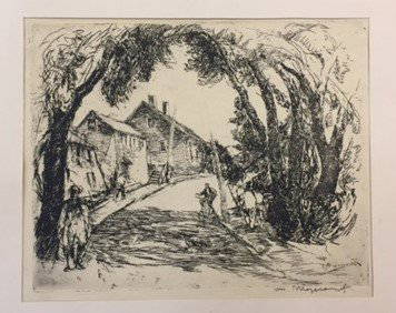 William Meyerowitz (American, 1887-1981)- Etching: Cottages by a forested road, signed lower right in plate in backwards lettering, further signed lower right in pencil, and dedicated "to Mina" lower left in pencil. Image: 8" H X 9.75" W; mat: 14" X 1