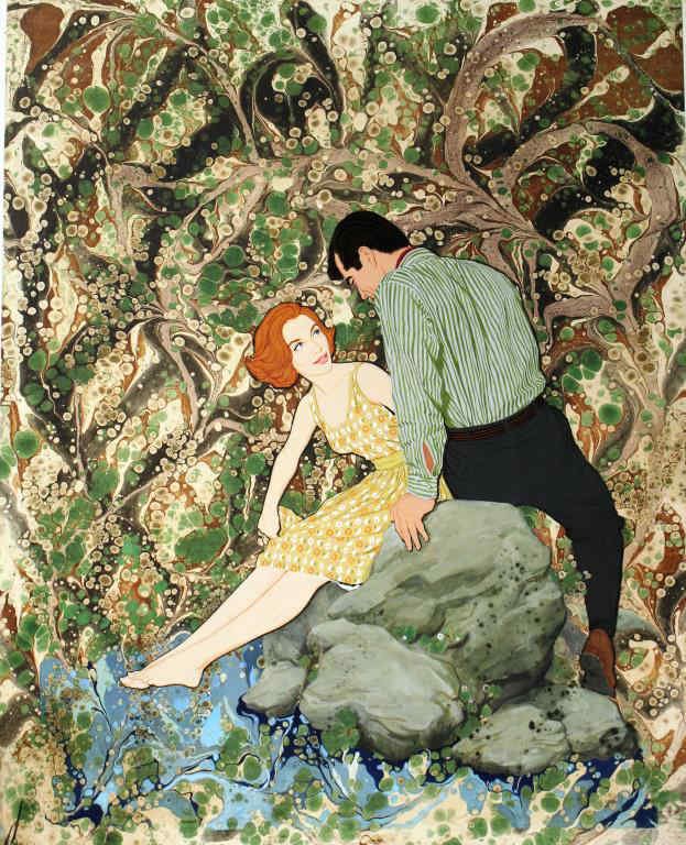 Oliver Warsham Rudd (American,1923-1999)- Tempera: A man and woman sitting on a rock in against an abstracted marbled background, ink and gouache on board; Warsham Rudd was a successful commercial illustrator who was married to the well-known actress 