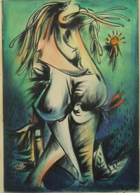Arnaldo Larrinaga (Cuban, b. 1948) - Watercolor: Executed in 1978. A surreal/biomorphic image in green and blue by the noted Cuban artist; signed and dated lower right, matted and framed under glass in metal frame. Image: 8.25" H x 6" W; frame: 14.2