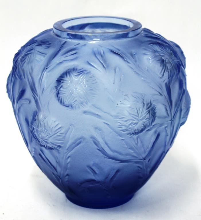 Vintage Sabino France Blue-Frosted Crystal Vase: In the "Fleurs de Chrysanthème" pattern, the bulbous body covered with high-relief ball chrysanthemums and leaves, the underside etched "Sabino France." 7.25" H. Small, shallow clamshell chip to foot