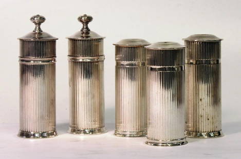 5 Luc Lanel for Christofle Reeded Salts & Peppers: Christofle France silver-plate, comprising three salt shakers and two pepper grinders in the Art Deco pattern designed by Luc Lanel, each marked "Christofle" on the underside. Peppers: 5.25" H; salts: