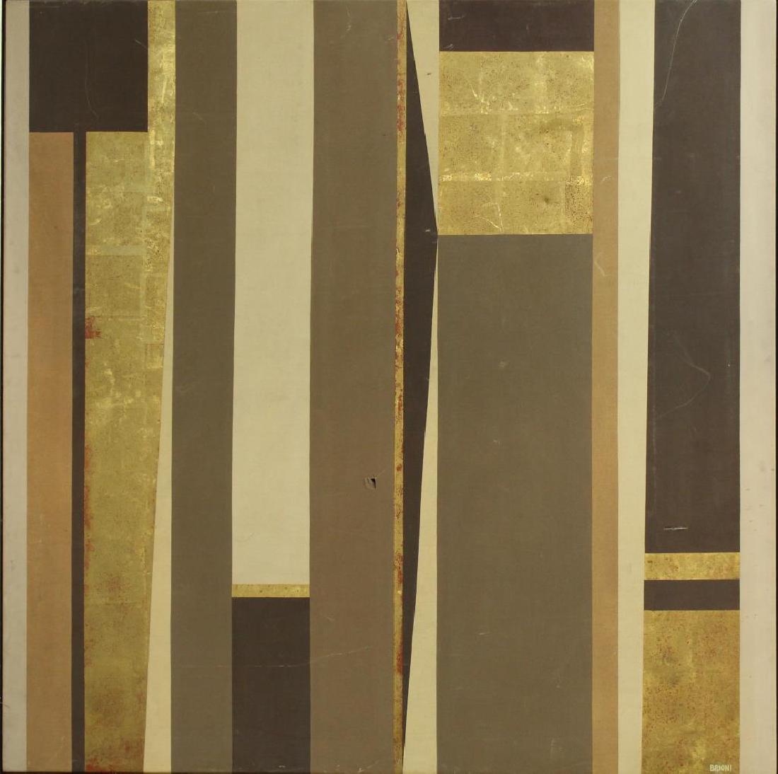 Brioni (20th/21st Century) - Oil on Canvas: Depicting an earth tone and metallic linear composition, oil on canvas, signed lower right. Image: 60" square; frame: 61" square. Canvas with tears to lower center and right, composition with addition