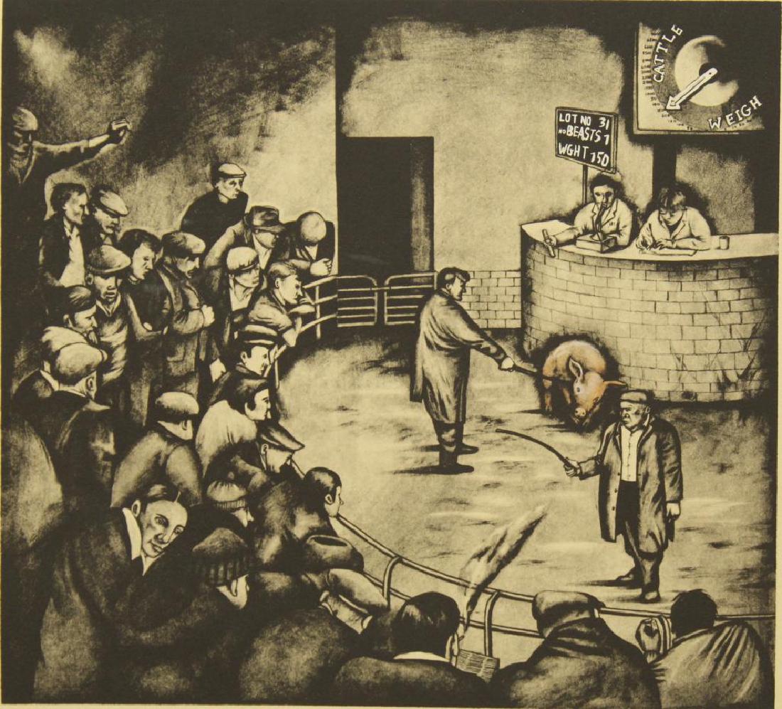 Sue Coe (American, b. 1951)-Lithograph: "The Auction", 1988, signed, dated and numbered "16/100" at bottom; executed in the Gothic style for which the artist is known. Image: 13" H x 14.25" W; sheet: 30" x 22". From the Estate of William Li
